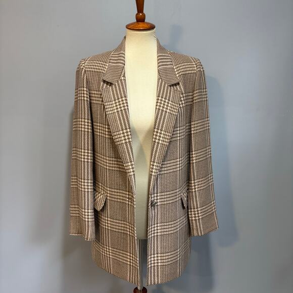 Vintage Plaid Wool Blend Brown and Cream Blazer, Lightweight, Size 8 - Picture 1 of 8